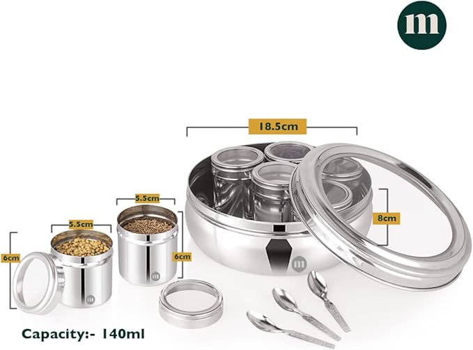 MARU 7 In 1 Stainless Steel Belly Shape Masala Box, Masala Dabba For Kitchen, Spice Box, Masala Dani With See Through Lid 7 Containers And 3 Spoons (Size 11, 18.5Cm) Silver