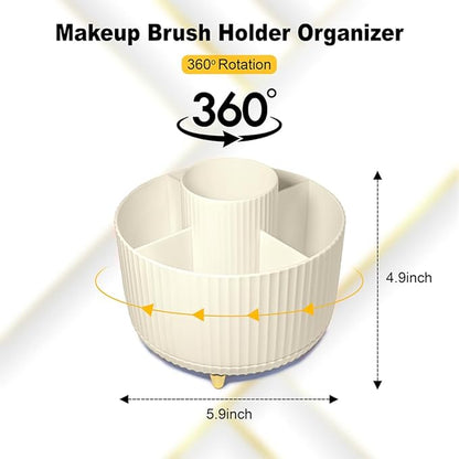 WILL OAK Makeup Brush Organiser - Large Compartment Cosmetic Organizer -Eyeliner, Nail Polish, Art Supply, Bathroom Vanity Desktop Organizer (Cream)