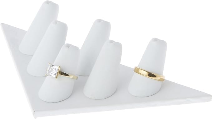Plymor White Faux Leather Ring Finger Display, Six on Triangular Base, 7" W x 3.25" D x 1.5" H (Pack of 2)