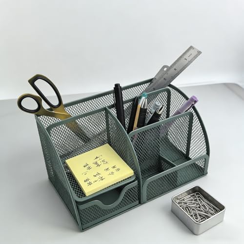 Fengtaiyuan T20, Forest Green Metal Mesh Desk Organizer with Drawer, 8.66x5.12x5.51 inch Multi-functional Desktop Storage Caddy for Office, School, Art Supplies (T20) - Image 6