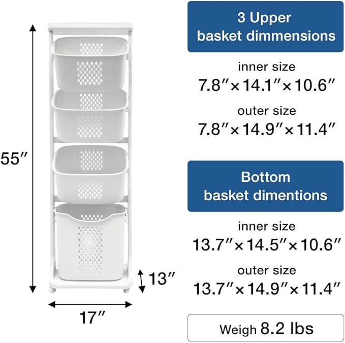 Japard 108 Liters Vertical Rolling Laundry Compact Hamper Ultra Slim, 4 Sorter Cart with Wheels and Breaks, 4-tier Baskets Detachable for Small Space, Dorm, Closet, Bathroom, Easy Assembly White Gray