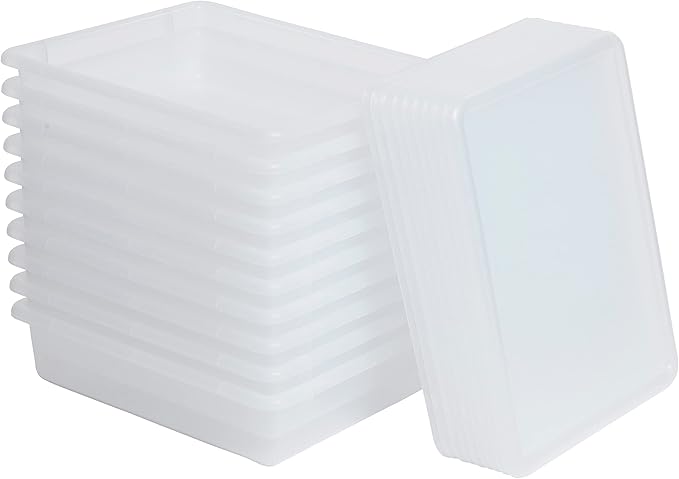 ECR4Kids Letter Size Plastic Tray Organizer with Lids, Small, Storage Bins, Clear, 10-Piece