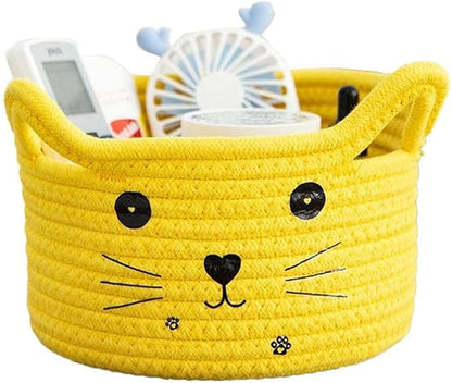 Woven Basket Cartoon Cotton Rope Gifts Basket with Handle Empty Baby Wicker Storage Basket Nursery Box Bin Kids Organizer Cat Dog Toy Basket Easter Basket,Yellow