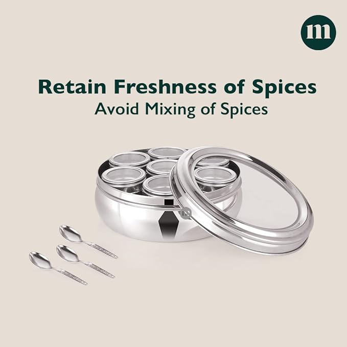 MARU 7 In 1 Stainless Steel Belly Shape Masala Box, Masala Dabba For Kitchen, Spice Box, Masala Dani With See Through Lid 7 Containers And 3 Spoons (Size 11, 18.5Cm) Silver