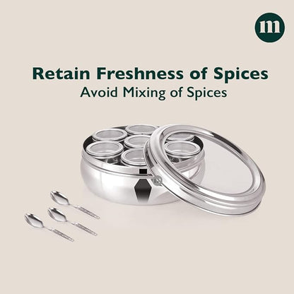 MARU 7 In 1 Stainless Steel Belly Shape Masala Box, Masala Dabba For Kitchen, Spice Box, Masala Dani With See Through Lid 7 Containers And 3 Spoons (Size 11, 18.5Cm) Silver