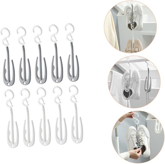 Hemobllo 10-Piece Portable Plastic Shoes Drying Rack Double Hooks Hanging Shoe Holder for Home Use Slippers Organizer for Laundry Room and Balcony
