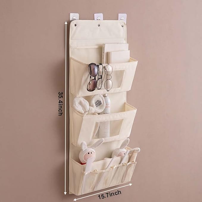 Over Door Hanging Storage Bags Foladble Multifunctional Storage Bags Organizer with 3Pcs Adhesive Wall Hooks for Wall/Bedroom/Bathroom/Door/Closet 15.7"×35.4×3.5” - Beige