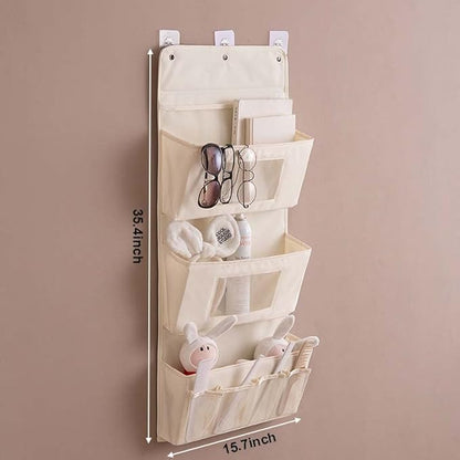 Over Door Hanging Storage Bags Foladble Multifunctional Storage Bags Organizer with 3Pcs Adhesive Wall Hooks for Wall/Bedroom/Bathroom/Door/Closet 15.7"×35.4×3.5” - Beige