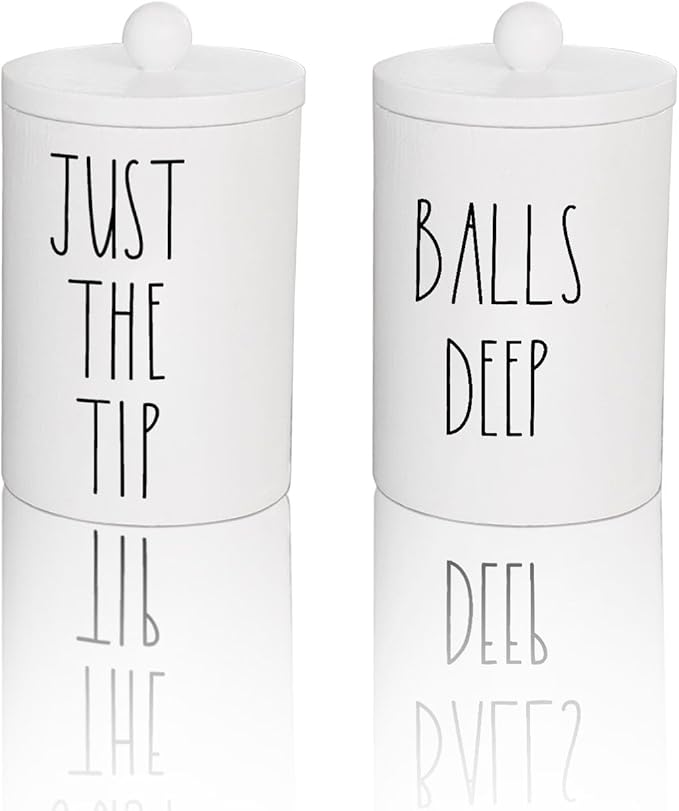 Farmhouse Apothecary Jars, Qtip & Cotton Ball Holder with Lids, Funny Rustic Cotton Swab Canisters for Bathroom Decor Storage Organization (White)