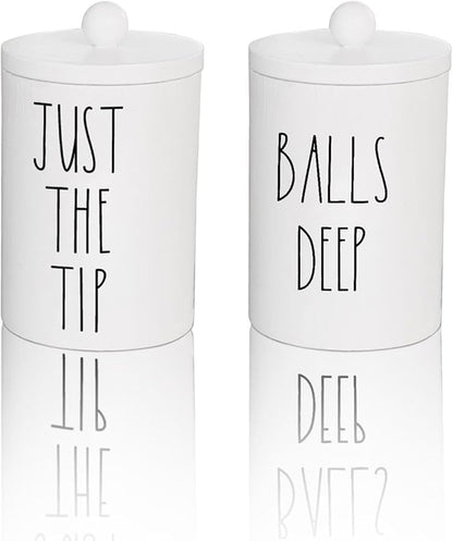 Farmhouse Apothecary Jars, Qtip & Cotton Ball Holder with Lids, Funny Rustic Cotton Swab Canisters for Bathroom Decor Storage Organization (White)
