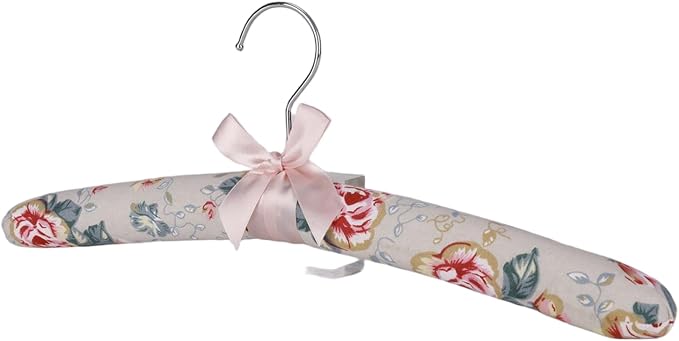 Decorative Padded Clothes Hangers, Floral Pattern with Satin Bow, Set of 5 (Rose)