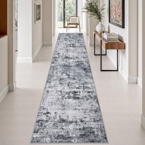 2.6x14 Washable Runner Rug:Modern Abstract Indoor Soft Carpet Grey by FXRHLP