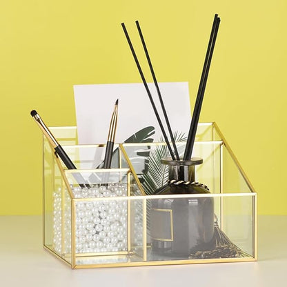 Alipis Glass Makeup Organizer with Gold Trim Large Capacity Cosmetic Display Case for Vanity Lipstick and Brush Holder Transparent Storage Box 7.67X5.70X5.11 Inches