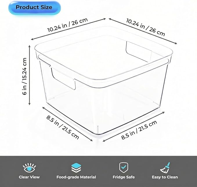 MOONEDGE 4-Pack Clear Cube Storage Bins,10x10 Plastic Organizer Boxes with Handles, Open-Top Square Containers for Closet,Pantry,Fridge,Kitchen,Bathroom,Laundry Room,UnderSink and Cabinet Organization