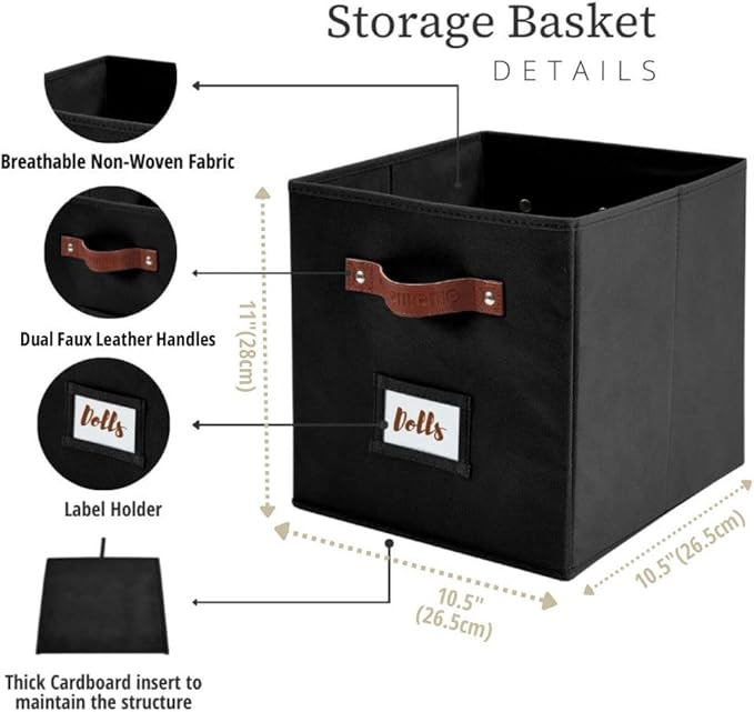 DECOMOMO Storage Bins, Cube Storage Bin with Labels, Fabric Storage Cubes for Shelves (10.5" x 11" / 6pcs, Black)