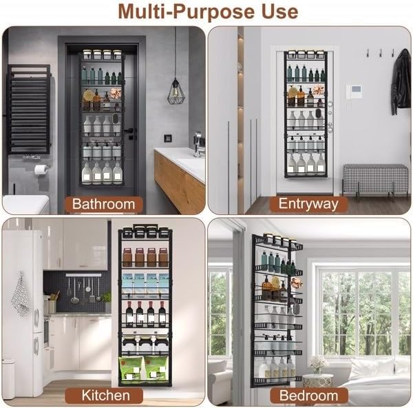 6-Tier Over the Door Organizer, Heavy Duty Metal Pantry Door Rack, Hanging Storage Shelf for Kitchen, Over The Door Spice Rack & Pantry Organizer, 6-Shelf Metal Hanging Storage (Black)
