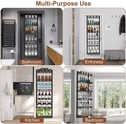 6-Tier Over the Door Organizer, Heavy Duty Metal Pantry Door Rack, Hanging Storage Shelf for Kitchen, Over The Door Spice Rack & Pantry Organizer, 6-Shelf Metal Hanging Storage (Black)