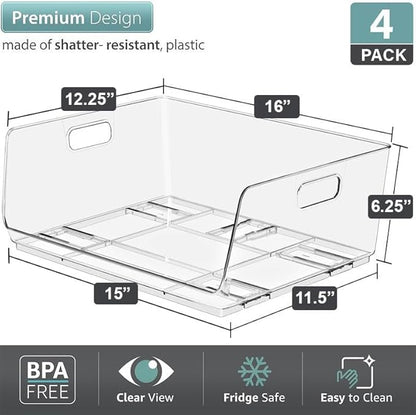 Sorbus Stackable Storage Bins Open Front - Clear Stackable Storage Bins - Pantry Bins for Storage and Organization - Acrylic Stackable Bins for Kitchen - Clear Pantry Organizer Bins (Large 4 Pack)