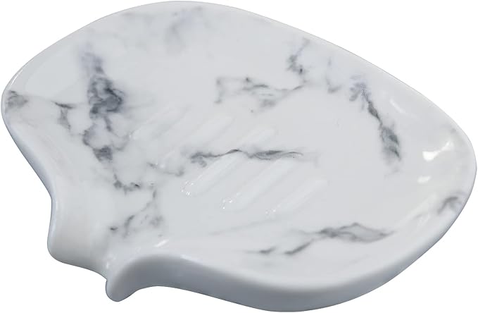 White Marble Texture Soap Dish Ceramic Soap Holder Self Draining Soap Dish Waterfall Slot Sponge Holder Bathroom Accessories for Bathroom, Kitchen,Bar Counter.