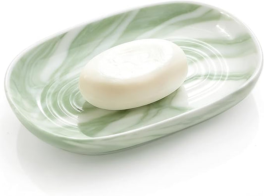 OTHIX Ceramic Soap Dish with Unique Marble Texture, Decorative Bar Soap Holder for Bathroom and Kitchen, Cute Soap Dishes for Bar Soap, Jewelry, Ring (Green Texture)