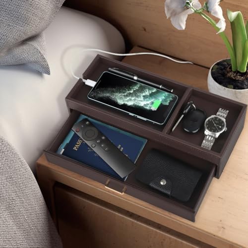 HofferRuffer Valet Jewelry Tray Organizer with Drawer, Faux Leather Storage Catchall Box Phone Charging Station Tray with Dresser Nightstand Desktop Drawer Organizer (Dark Brown) - Image 6