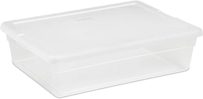 Sterilite 28 Qt Underbed Storage Box, Stackable Bin with Lid, Plastic Container to Organize, Bedroom, Clear Base and White Lid, 1-Pack