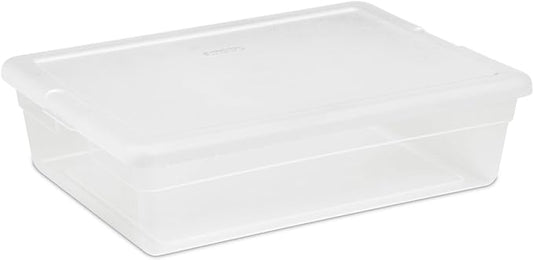 Sterilite 28 Qt Underbed Storage Box, Stackable Bin with Lid, Plastic Container to Organize, Bedroom, Clear Base and White Lid, 1-Pack