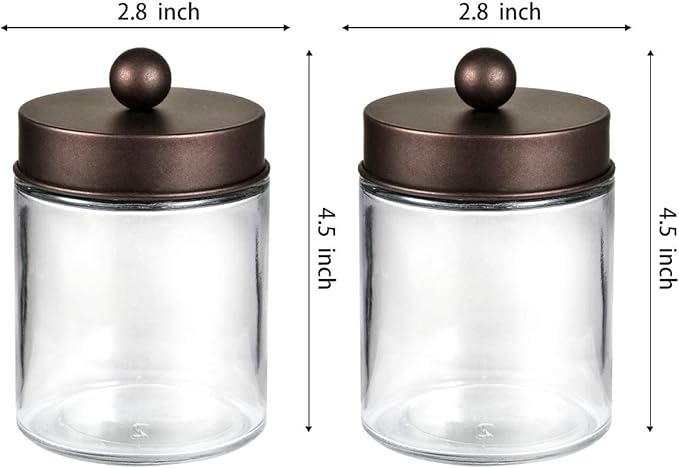 Amolliar Apothecary Jars Bathroom Storage Organizer - Cute Qtip Dispenser Holder Vanity Canister Jar Glass with Lid for Cotton Swabs,Rounds,Bath Salts,Makeup Sponges,Hair Accessories/Bronze (2 Pack)