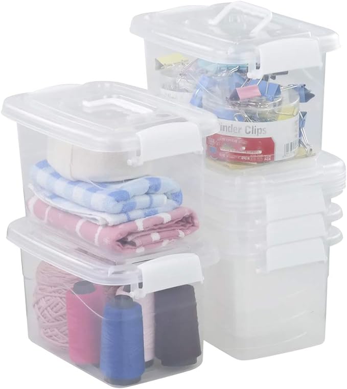 6-Pack Home Storage Bins, Plastic Container, Latching Box with Handle (White handle)
