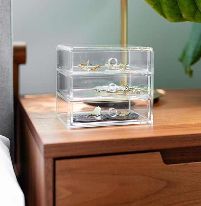 Huang Acrylic Clear Acrylic 3-Drawer Organizer, Large Makeup Jewelry Accessories Cosmetic Countertop Storage Display 5.15 x 4.7 x 4.5 inches