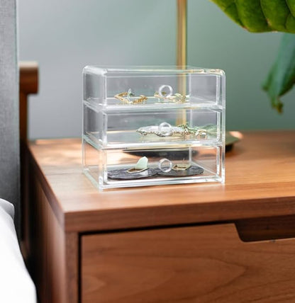 Huang Acrylic Clear Acrylic 3-Drawer Organizer, Large Makeup Jewelry Accessories Cosmetic Countertop Storage Display 5.15 x 4.7 x 4.5 inches