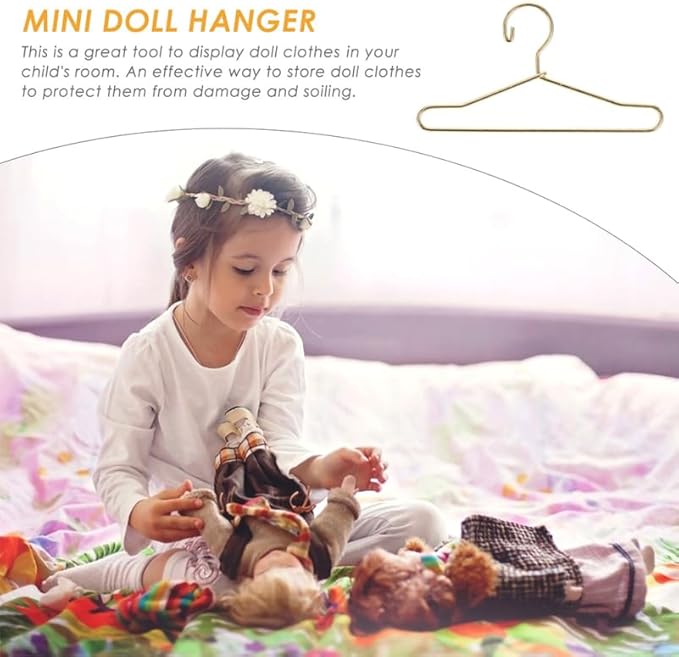 Abaodam 10pcs Mini Hanger Wire Hangers Dress Outfit Holders Mini Doll Coat Hanger Baby Dolls Baby Closet Hangers Gold Black Doll Playhouse Metal Wardrobe Fashion Toddler, Golden