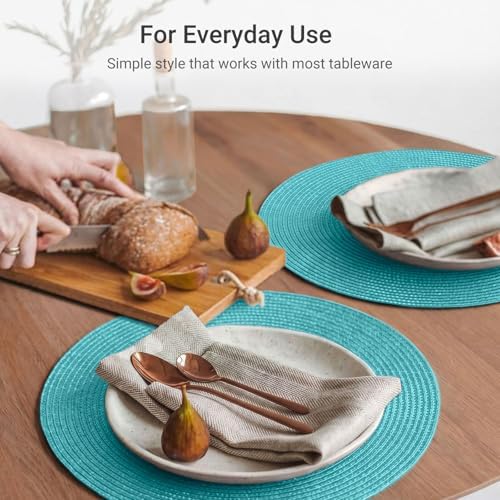 FunWheat Round Braided Placemats Set of 6 Table Mats for Dining Tables Woven Washable Non-Slip Place mats 15 inch(Turquoise, 6pcs) - Image 5