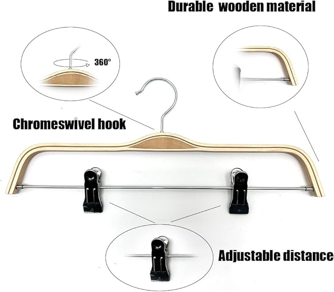 30 Pack 14.5" Natural Wooden Pants Hangers, Clothes Display Wood Skirt Hanger Bottom Hangers Metal Adjustable Clips Hanger for Slacks, Jeans, Shorts