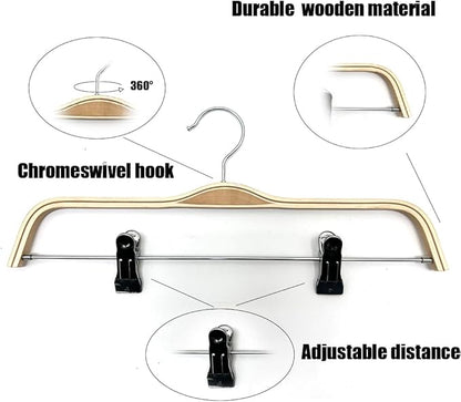 30 Pack 14.5" Natural Wooden Pants Hangers, Clothes Display Wood Skirt Hanger Bottom Hangers Metal Adjustable Clips Hanger for Slacks, Jeans, Shorts