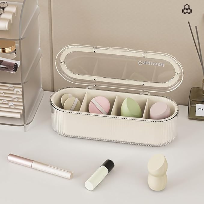 Clear Acrylic Makeup Brush Holder Organizer With Lid - Cosmetic Storage Case Display for Vanity and Sponges