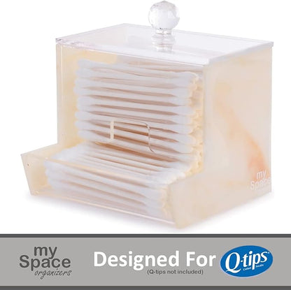 My Space Organizers Yellow Marble Acrylic Qtip Holder for Qtip Brand Cotton Swab Holder, Qtip Dispenser, Modern Bathroom Decor Organizer for Countertop Vanity Storage (Yellow Marble)