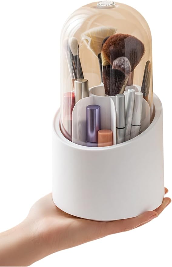 Fantasee 360° Rotating Makeup Brush Organizer, 7-Compartment Storage with Transparent Dustproof Cover, Cosmetic Tools Storage Holder for Bathroom Vanity Countertop (Classic White, Cylindrical)