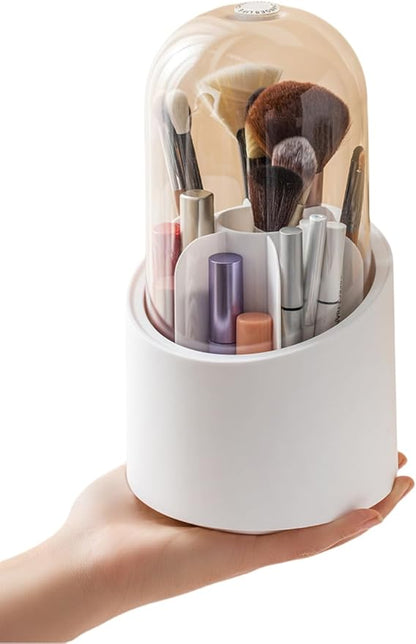 Fantasee 360° Rotating Makeup Brush Organizer, 7-Compartment Storage with Transparent Dustproof Cover, Cosmetic Tools Storage Holder for Bathroom Vanity Countertop (Classic White, Cylindrical)