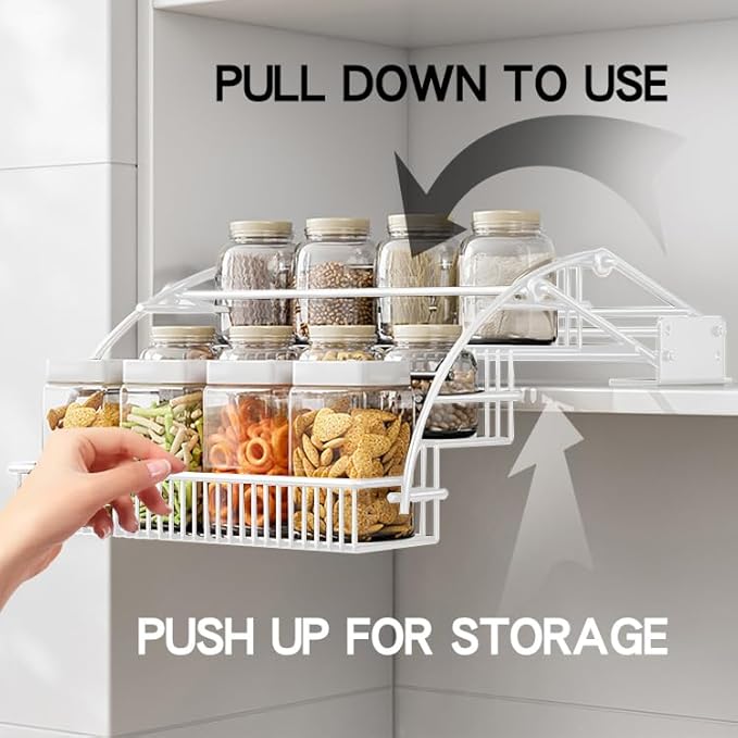 3-Tier Pull Down Spice Rack Organizer for Inside Cabinet Expandable Display Riser Shelf Seasoning Shelf (10.8IN/White)