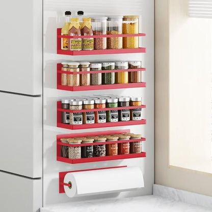 Magnetic Spice Rack For Refrigerator, Space Saving Magnetic Shelf For Fridge Red 4 Pack With Magnetic Paper Towel Holder