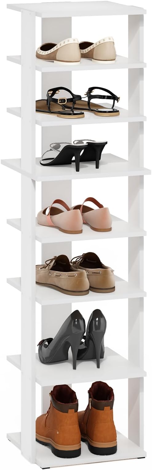 Furinno Compact Vertical Shoe Rack, 8-Tier Narrow Shoe Organizer, Free Standing Shoe Storage, Shoe Shelf for Boots, Sneakers, 12 x 12.6 x 46.7, for Closet, Entryway, Office, Garage, White