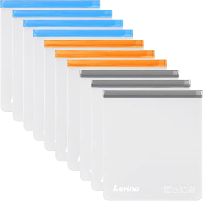 Lerine 10 Pack Reusable 2 Gallon Freezer Bags Dishwasher Safe, Reusable Freezer Bags 2 Gallon 13"x15.6", Leakproof BPA Free Food Storage Bags for Marinate Meats, Home Organization(Multicolor, 2Gallon)