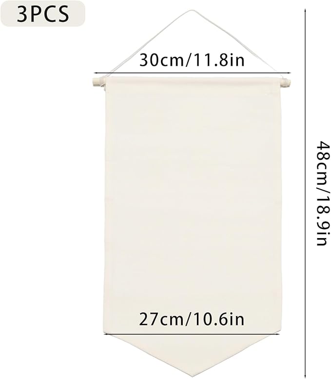 3 PCS Canvas Banner Blank with Wooden Dowel, Canvas Banners Wall Hanging Brooch Jewelry Badges Display, Enamel Pin Wall Organizer for Buttons Earrings (White, Medium)