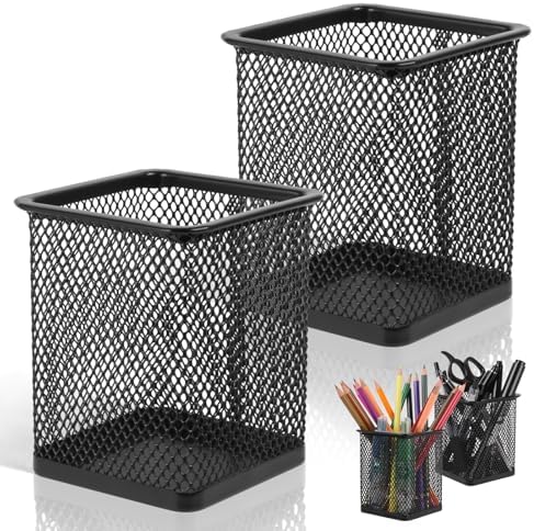 2 Pack Square Metal Pen Holder for Desk, 3.15 x 3.74 IN Pen Cups, Pencil Holder Workspace Organizers for School Office- Desk Accessories & Storage, Black by Unknown