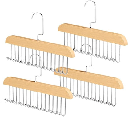 4 Pack Tie Rack Hanger with 8 Metal Hooks, Space Saving Necktie Organizer for Men – Large Capacity Tie and Belt Wooden Hanger for Closet (Natural)
