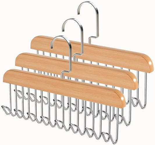 Bra Hangers 3 Pack - with 16 Non-Slip 360Rotating Metal Hooks for Tie, Hat, Bra, Wooden Multi Hook Hanger - Saves Space