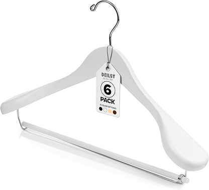 DEILSY™ White Suit Hangers for Men with Non-Slip Pants Bar & 360° Swivel Hook - Smooth Finish Wooden Coat Hangers, Heavy Duty Wooden Hanger – Pack of 6