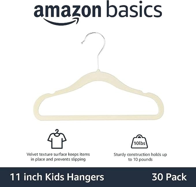 Amazon Basics Kids Space Saving Velvet Non-Slip Clothes Hangers with Shoulder Notches, Sturdy Construction for Closet Organization, 11.6", Beige, 30-Pack