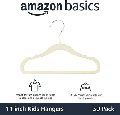 Amazon Basics Kids Space Saving Velvet Non-Slip Clothes Hangers with Shoulder Notches, Sturdy Construction for Closet Organization, 11.6", Beige, 30-Pack
